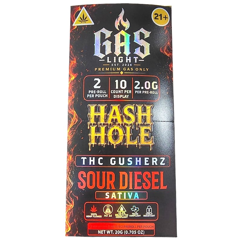 Gas Light Hash Hole THC Pre - Rolls 2g 2pk 10ct Box - Sativa - Sour Diesel